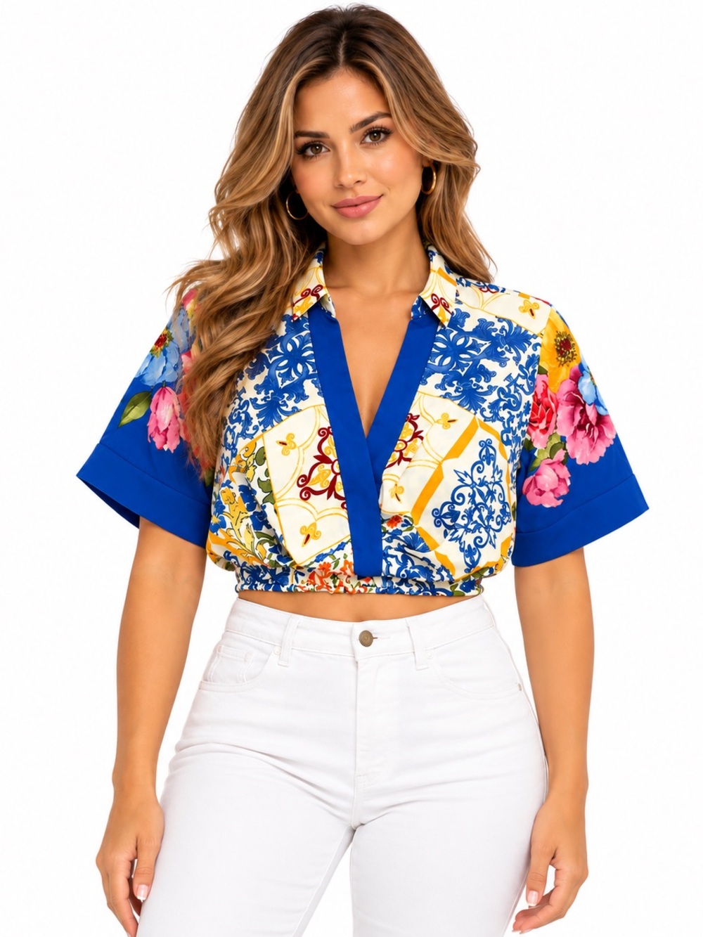 Lulumari Blue Floral & Tile Print Cropped V-Neck Top